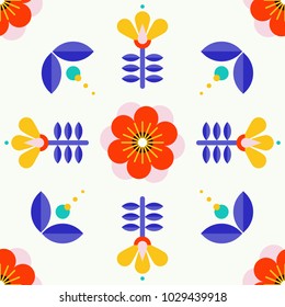 Schönes Blumenmuster im skandinavischen Stil der Volkskunst. Symmetrischer Hintergrund mit Blumen. Blumenmuster perfekt für die Verpackung von Papier und Verpackungsdesign.