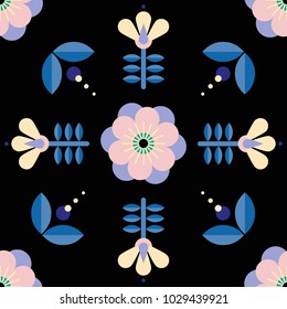 Beautiful floral pattern in scandinavian folk art style. Symmetrical background with flowers. Floral pattern perfect for wrapping paper and packaging design.