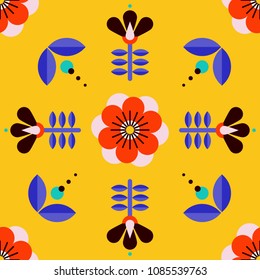 Beautiful floral pattern in scandinavian folk art style. Symmetrical background with flowers. Floral pattern perfect for wrapping paper and packaging design.