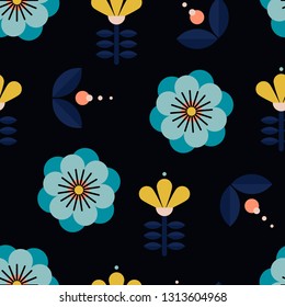 Beautiful floral pattern in scandinavian folk art style. Seamless background with geometrical flowers. Floral pattern perfect for wrapping paper and packaging design. 