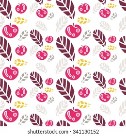 Beautiful floral pattern. Seamless pattern. Bright leaves. Foliage for greeting cards, posters. Flower shop. Seamless vintage pattern. Retro pattern, colors. Background of colored leaves and apples.