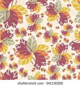 Beautiful floral pattern. Seamless pattern. Flowers. Bright leaves. Foliage for greeting cards, posters. Flower shop. Seamless vintage flower pattern vector. Retro pattern, colors. Autumn pattern.