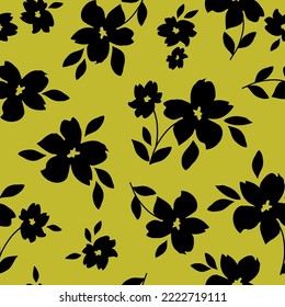 Beautiful floral pattern. Seamless vector texture. An elegant template for fashionable prints. Print with black flowers and leaves . gold background.