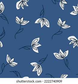Beautiful floral pattern. Seamless vector texture. An elegant template for fashionable prints. Print with white flowers and blue leaves. blue background.