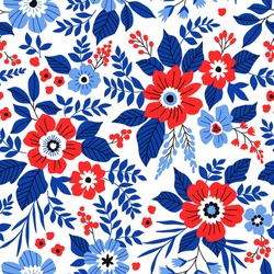 Beautiful Floral Pattern In Small Abstract Flowers. Small Red And Blue Flowers. White Background. Ditsy Print. Floral Seamless Background. The Elegant The Template For Fashion Prints.