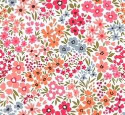 Beautiful Floral Pattern In Small Abstract Flowers. Small Colorful Flowers. White Background. Ditsy Print. Floral Seamless Background. Vintage Template For Fashion Prints. Stock Pattern.