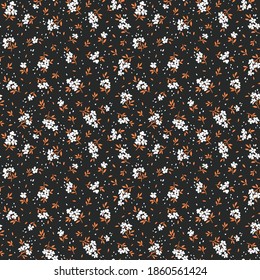 Beautiful floral pattern in small abstract flowers. Small white flowers. Black background. Ditsy print. Floral seamless background. The elegant the template for fashion prints. Stock vector.