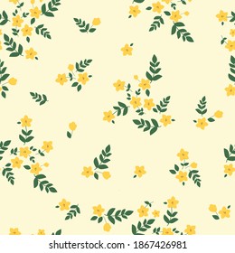 Beautiful floral pattern of small abstract flowers. Small yellow  flowers. Pale yellow background. Printing color in a flower. Floral seamless background. Elegant template for fashionable prints.