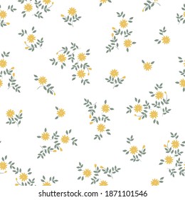 Hermoso patrón floral de flores pequeñas abstractas. Pequeñas flores amarillas. Fondo blanco. Imprimiendo color en una flor. Fondo floral sin fisuras. Elegante plantilla para impresiones de moda.