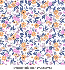 Beautiful floral pattern in small abstract flowers. Small colorful flowers. White background. Ditsies print. Floral seamless background. The elegant the template for fashion prints. Stock pattern.