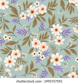 Beautiful floral pattern in small abstract flowers. Small white flowers. Pastel Blue background. Ditsy print. Floral seamless background. The elegant the template for fashion prints. Stock pattern.