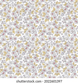 Beautiful floral pattern in small abstract flowers. Small white daisy. White background. Ditsy print. Floral seamless background. The elegant the template for fashion prints. Stock pattern.