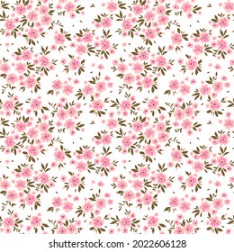 Beautiful floral pattern in small abstract flowers. Small rose pink flowers. White background. Ditsy print. Floral seamless background. The elegant the template for fashion prints. Stock pattern.