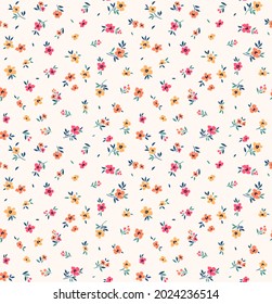 Beautiful floral pattern in small abstract flowers. Small colorful flowers. White background. Ditsy print. Floral seamless background. The elegant the template for fashion prints. Stock pattern.