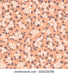 Beautiful floral pattern in small abstract flowers. Small white flowers. Pastel coral background. Ditsy print. Floral seamless background. The elegant the template for fashion prints. Stock pattern.