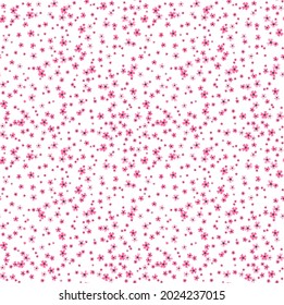 Beautiful floral pattern in small abstract flowers. Small pink fuchsia flowers. White background. Ditsy print. Floral seamless background. The elegant the template for fashion prints. Stock pattern.