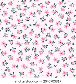 Beautiful floral pattern in small abstract flowers. Small pink flowers. White background. Ditsy print. Floral seamless background. The elegant the template for fashion prints. Stock pattern.
