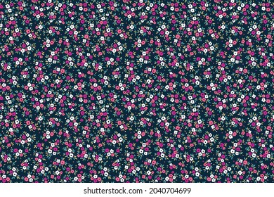 Beautiful floral pattern in small abstract flowers. Small purple and white flowers. Dark Blue background. Ditsy print. Floral seamless background. The elegant the template for fashion prints. Stock.
