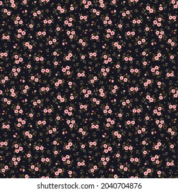 Beautiful floral pattern in small abstract flowers. Small pink coral  flowers. Black background. Ditsy print. Floral seamless background. The elegant the template for fashion prints. Stock pattern.