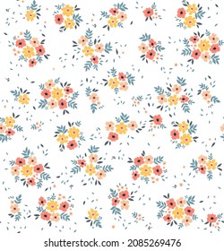 Beautiful floral pattern in small abstract flowers. Small colorful flowers. White background. Ditsy print. Floral seamless background. The elegant the template for fashion prints. Stock pattern.