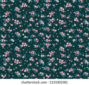 Beautiful floral pattern in small abstract flowers. Small white and pink flowers. Dark Blue green background. Ditsy print. Floral seamless background. The elegant the template for fashion prints.