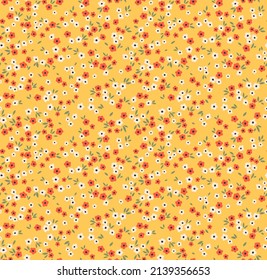 Beautiful floral pattern in small abstract flowers. Small red and white flowers. Yellow background. Ditsy print. Floral seamless background. The elegant the template for fashion prints. Stock pattern.