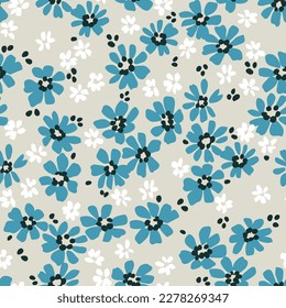 Beautiful floral pattern in small abstract flowers. Small blue flowers. Light gray background. Ditsy print. Floral seamless background. The elegant the template for fashion prints. Stock pattern.