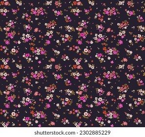 Beautiful floral pattern in small abstract flowers. Small colorful flowers. Dark violet background. Ditsy print. Floral seamless background. Elegant template for fashion prints. Stock pattern.