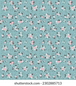 Beautiful floral pattern in small abstract flowers. Small white, blue and pink flowers. Light blue background. Ditsy print. Floral seamless background. Vintage template for fashion prints. Stock 