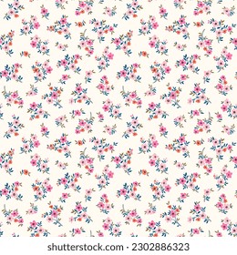 Beautiful floral pattern in small abstract flowers. Small rose pink and orange flowers. White background. Ditsy print. Floral seamless background. Elegant template for fashion prints. Stock pattern.