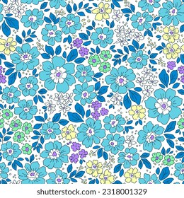 Hermoso patrón floral en pequeñas flores abstractas. Pequeñas flores azules. Fondo blanco. Impresión Ditsy. Fondo floral sin fisuras. Plantilla de libertad para las impresiones de moda. Patrón de valores.