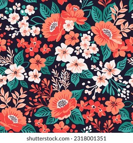 Beautiful floral pattern in small abstract flowers. Small red flowers. Black background. Ditsy print. Floral seamless background. Liberty template for fashion prints. Stock pattern.