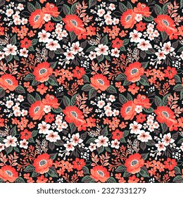 Beautiful floral pattern in small abstract flowers. Small red peonies. Black background. Liberty print. Floral seamless background. Vintage template for fashion prints. Stock pattern.