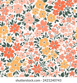 Hermoso patrón floral en pequeñas flores abstractas. Pequeñas flores amarillas y naranjas. Fondo blanco. Impresión Ditsy. Fondo floral sin fisuras. Decoración elegante y sin inconfundibles con flor adorable.