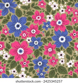 Beautiful floral pattern in small abstract flowers. Small pink, blue and white flowers. Gray green background. Ditsy print. Floral seamless background. Liberty template for fashion prints. Stock.