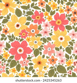 Beautiful floral pattern in small abstract flowers. Small red, coral and yellow flowers. White background. Ditsy print. Floral seamless background. Liberty template for fashion prints. Stock pattern.