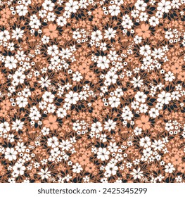 Hermoso patrón floral en pequeñas flores abstractas. Pequeñas flores beige y blanco. Fondo marrón. Impresión diminuta. Fondo floral sin costuras. Plantilla de libertad para estampados de moda. Patrón estándar.