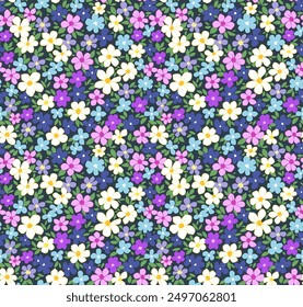 Hermoso patrón floral en Pequeñas flores abstractas. Pequeñas flores de colores. Fondo azul oscuro. Impresión sucia. Fondo floral sin fisuras. Plantilla de Antiguas para estampados de moda. Patrón de acciones.