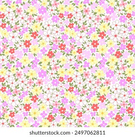 Hermoso patrón floral en Pequeñas flores abstractas. Pequeñas flores de color rosa claro y amarillo. El fondo blanco. Impresión sucia. Fondo floral sin fisuras. Plantilla de Antiguas para estampados de moda. Patrón de acciones.