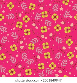 Hermoso patrón floral en Pequeñas flores abstractas. Pequeñas flores de colores. Fondo rosa coral. Impresión sucia. Fondo floral sin fisuras. Elegante Plantilla para estampados de moda. Patrón de stock