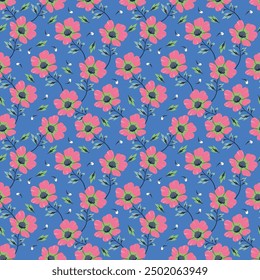 Beautiful floral pattern in small abstract flowers. Small colorful flowers. Coral pink background. Ditsy print. Floral seamless background. Elegant template for fashion prints. Stock pattern
