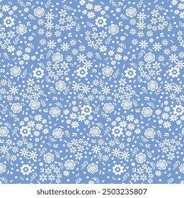 Beautiful floral pattern in small abstract flowers. Small white flowers. Pastel blue background. Ditsy print. Seamless pattern with white flower blossom garden.