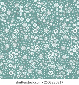 Beautiful floral pattern in small abstract flowers. Small white flowers. Pastel green background. Ditsy print. Seamless pattern with white flower blossom garden.