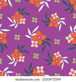 Beautiful floral pattern in small abstract flowers. Small colorful flowers. Coral pink background. Ditsy print. Floral seamless background. Elegant template for fashion prints. Stock pattern