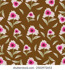 Beautiful floral pattern in small abstract flowers. Small colorful flowers. Coral pink background. Ditsy print. Floral seamless background. Elegant template for fashion prints. Stock pattern