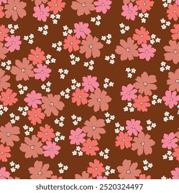 Beautiful floral pattern in small abstract flowers. Small pink, red and coral flowers. Dark background. Ditsy print. Floral seamless background. 