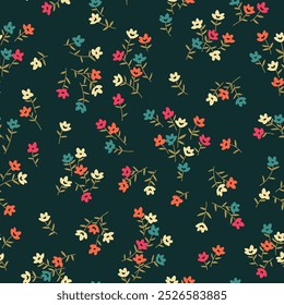 Beautiful floral pattern in small abstract flowers. Small colorful flowers. Dark green background. Ditsy print. Floral seamless background. Vintage template for fashion prints. Stock pattern.