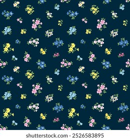 Beautiful floral pattern in small abstract flowers. Small colorful flowers. Dark blue background. Ditsy print. Floral seamless background. Vintage template for fashion prints. Stock 