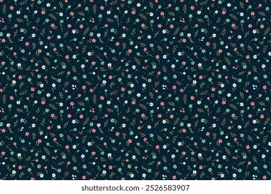 Beautiful floral pattern in small abstract flowers. Small pink, blue and white flowers. Dark blue background. Ditsy print. Floral seamless background. Vintage template for fashion prints. Stock 