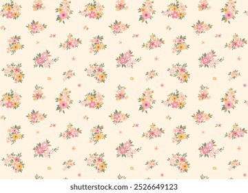 Beautiful floral pattern in small abstract flowers. Small light colorful flowers. Ivory background. Ditsy print. Floral seamless background. Vintage template for fashion prints.